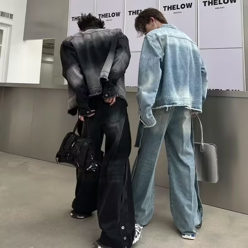 W03P65式复古水洗牛仔外套男款秋季设计感渐变立领夹克发型师潮牌,男装夹克,星座218-1（原230）
