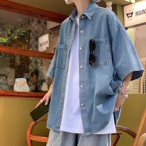 夏季短袖牛仔衬衫男ins潮牌港风日系小众设闲宽松半袖外套CS18P48图片