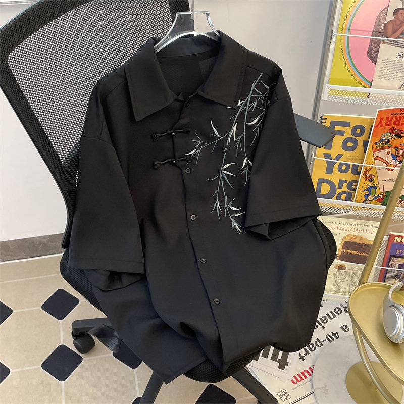 潮新中式短袖衬衫男装2024年新款小众风刺绣盘扣袖衬衣C76P45,男装衬衫,星座218-1（原230）