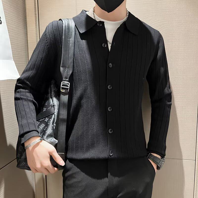 S518P50秋冬款男士休闲针织开衫韩版修身翻领毛衣潮流百搭毛线衣图片