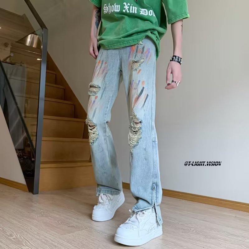 NZ885P60涂鸦破洞牛仔裤男夏季设计感小众拉链裤子高街vibe美式嘻,男装牛仔裤,星座218-1（原230）