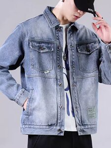3137P65秋季外套男潮流翻领工装夹克痞帅新款黑色牛仔衣复古修身图片