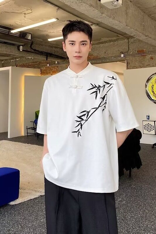 新中式风竹子重磅短袖t恤男潮牌白色宽松大码体恤夏季CT331P40,男装T恤,星座218-1（原230）