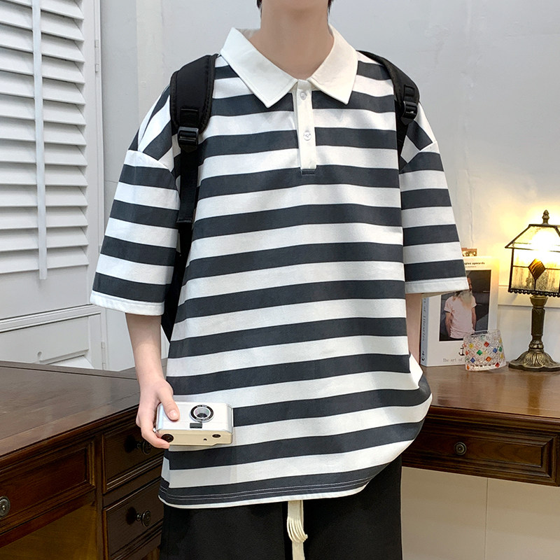 日系棒球polo衫男短袖夏季美式重磅t恤小众复古刺绣七分袖popl衫,男装T恤,星座218-1（原230）