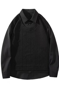 s15p50春季新款学院风休闲纯色套头拼接假两件男士宽松长袖衬衣图片