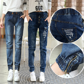 春秋新款 宽松缩口紧腿灯笼长裤 显瘦学生牛仔裤 女松紧腰束脚小脚裤