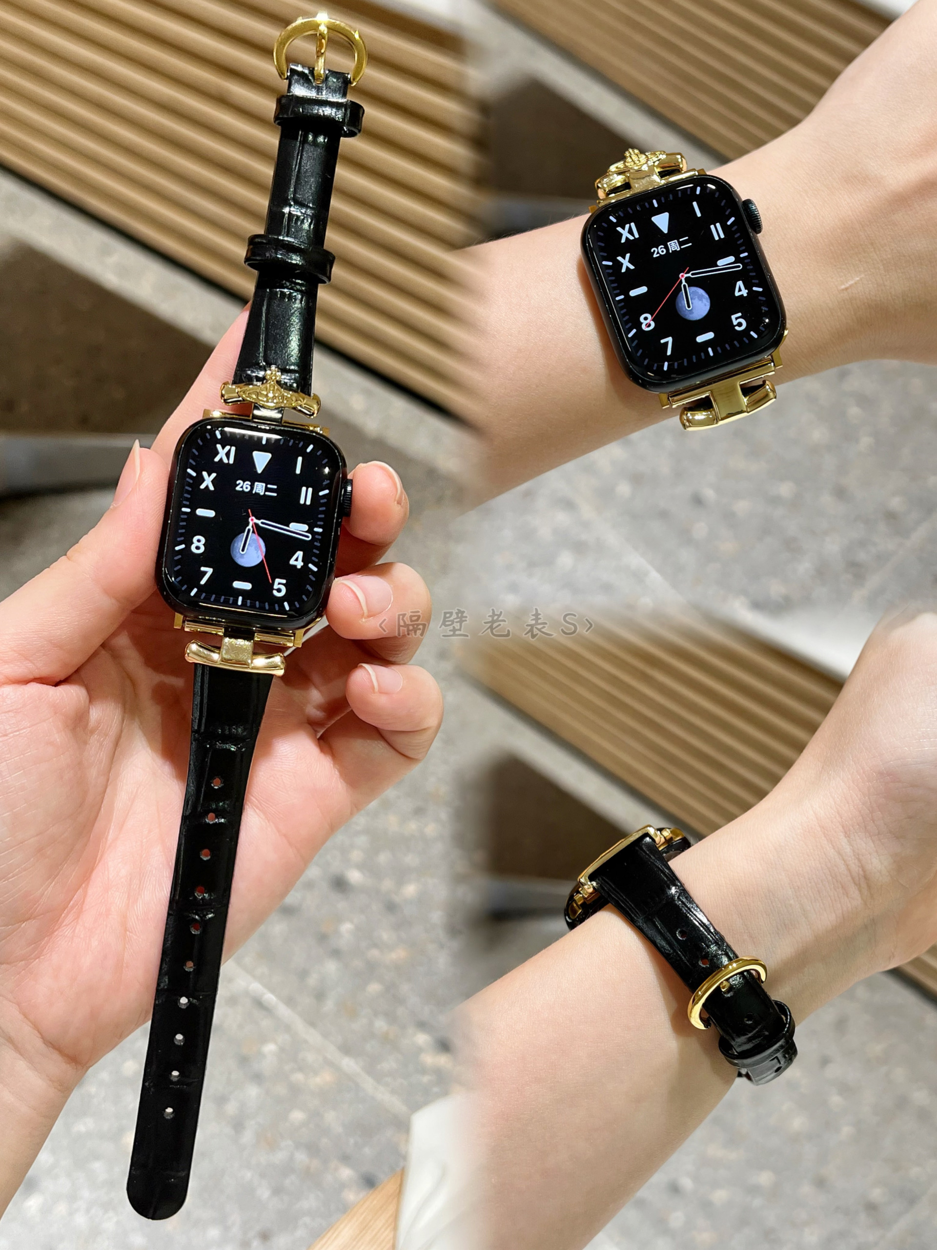土星竹节纹细真皮金属扣适用苹果手表带Apple watchS10女9876SE54