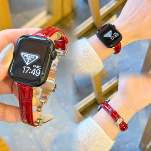 纤细竹节皮质蝴蝶扣适用苹果手表带apple watchS11SE310百搭女FI4