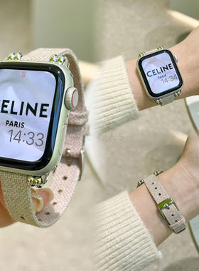 适用苹果手表带Apple watchS10帆布细款带珠iwatch976se2夏秋百搭