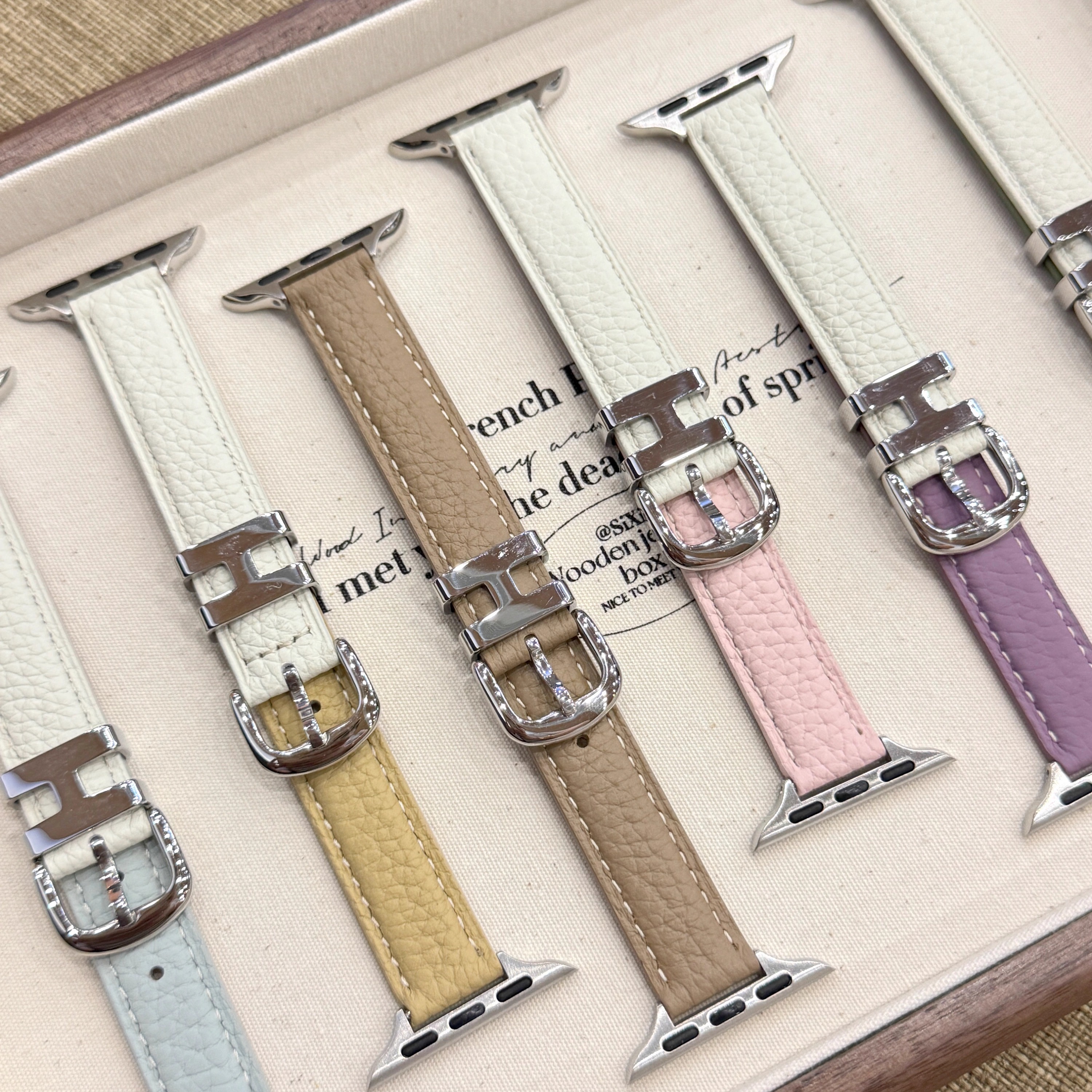 适用watch荔枝纹皮质H金属环表带