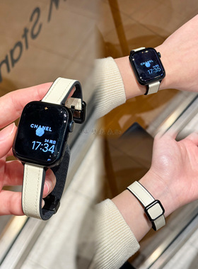 适用苹果手表带Applewatch11细柔软硅胶加牛皮磁吸方扣iwatch87se
