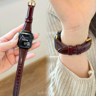 适用苹果手表带小蛮腰油蜡真皮复古iwatch10百搭applewatchS110SE
