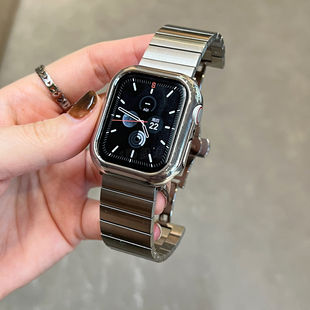 适用苹果S11手表带一株金属银不锈钢蝴蝶扣AppleiWatch86se25商务