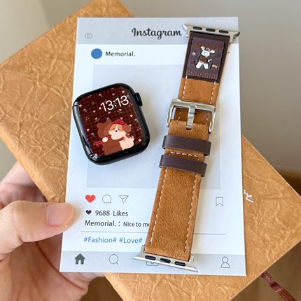适用苹果手表带Applewatch10卡通图案羊绒拼皮iwatch9se2舒适秋冬