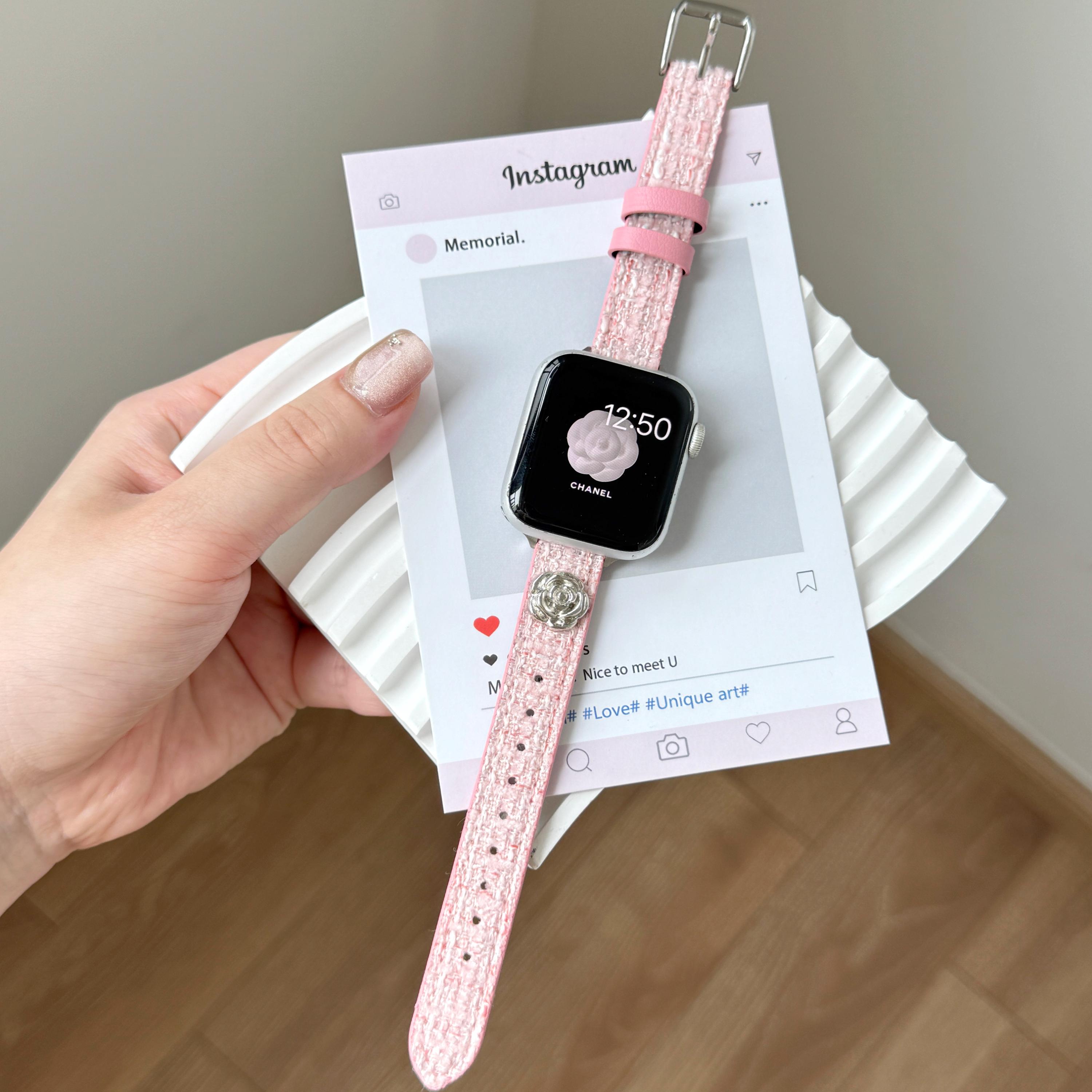 适用watchS10表带细皮质山茶花女