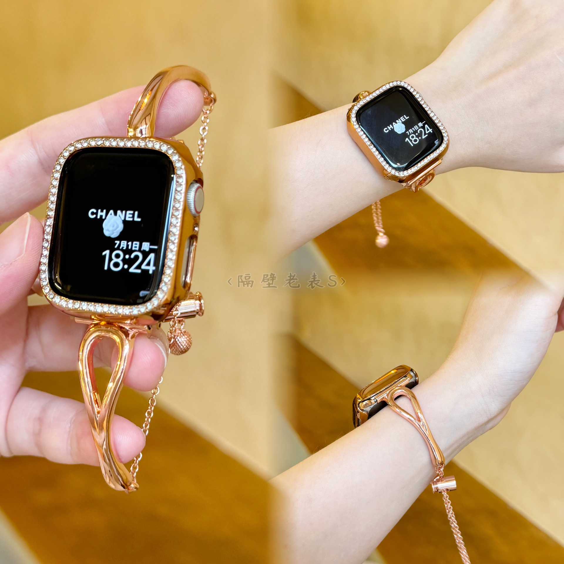适用苹果手表带Apple watchS10空心手镯款细金属表带iwatch8SE2女