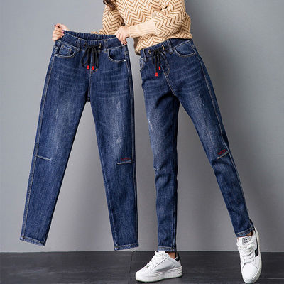 松紧腰牛仔裤宽松长裤