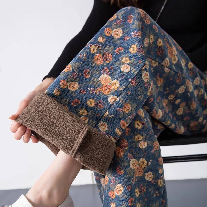 加绒牛仔裤女高腰2024年新款秋冬季印花裤子今年流行直筒裤阔腿裤,女装/女士精品,牛仔裤,淘宝优惠券,粉丝福利购,淘宝优惠卷