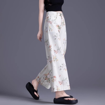 白色印花阔腿牛仔裤女2025新款