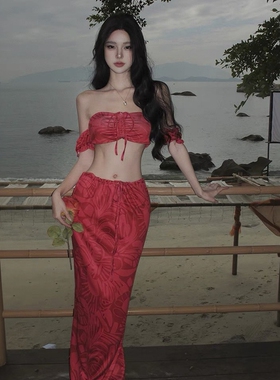 法式复古高级感气质抹胸长裙比基尼三件套泡温泉海边度假泳衣女款