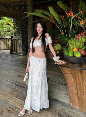 法式度假风白色刺绣一字肩分体比基尼海边性感显瘦长裙泳衣三件套