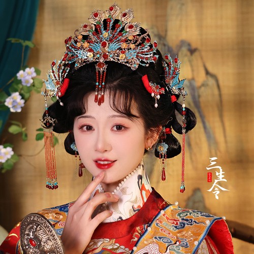 三生令【长宁】明制唐风汉服仿点翠中式头冠凤古风婚礼嫁新娘头饰 - 封面