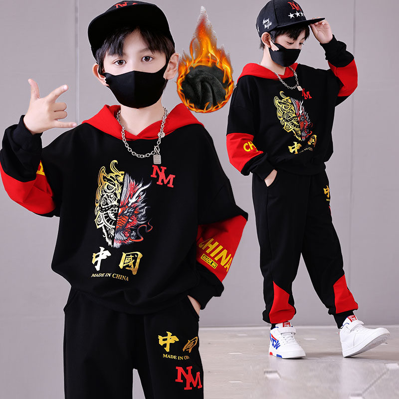 大男童加绒卫衣套装儿童春秋冬潮流中国龙男孩25新款开学红色衣服