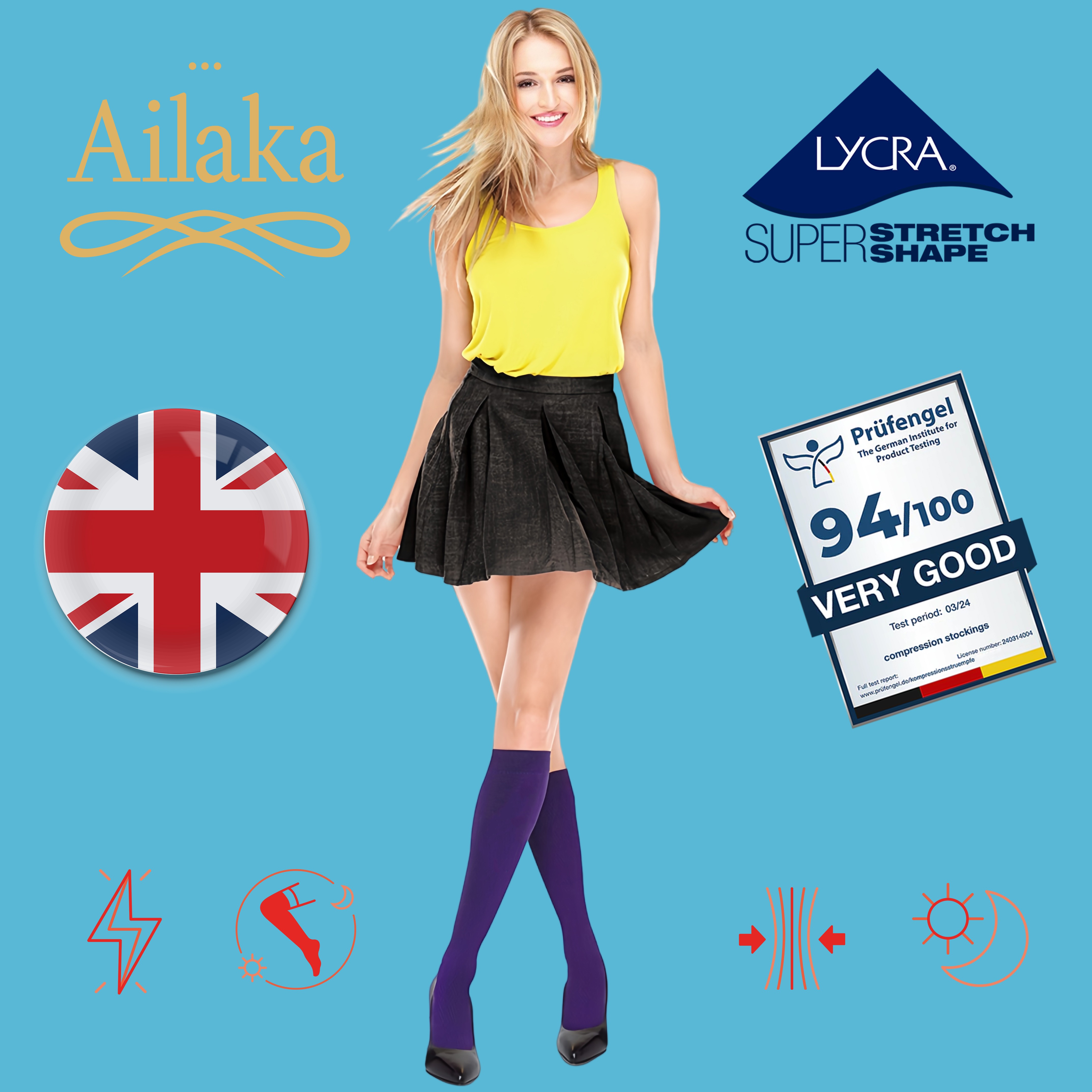 Ailaka英国长途飞行专用梯度压力袜缓解腿部疲劳弹力袜航空旅行袜