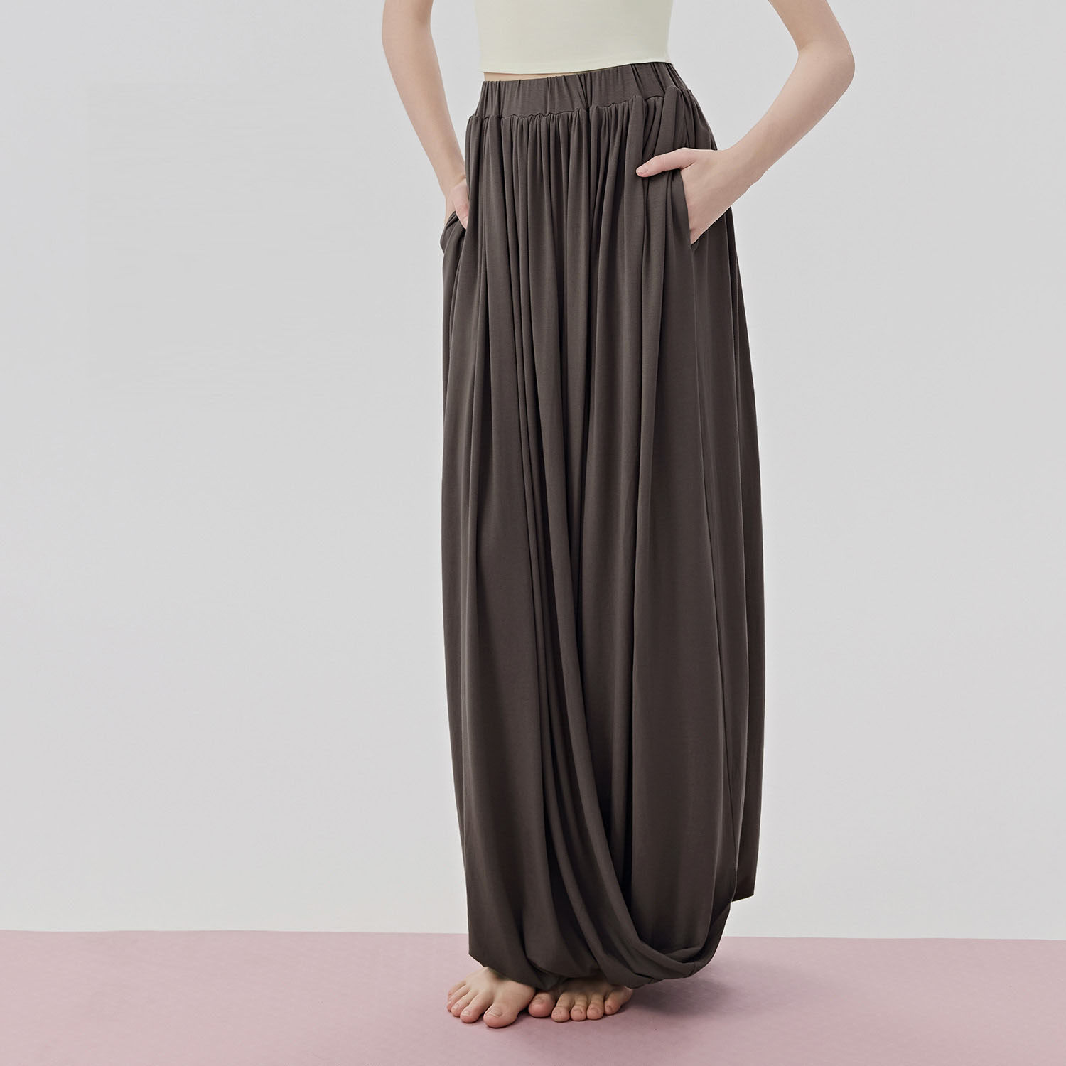 新款慵懒风休闲运动长裤女双层纽结半身裙带口袋松紧外穿瑜伽裙裤