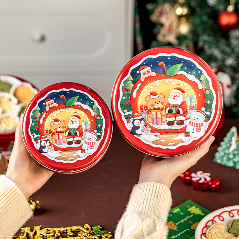 圣诞圆形包装盒子马口铁收纳打包盒烘焙甜品糖果伴手礼物品盒空