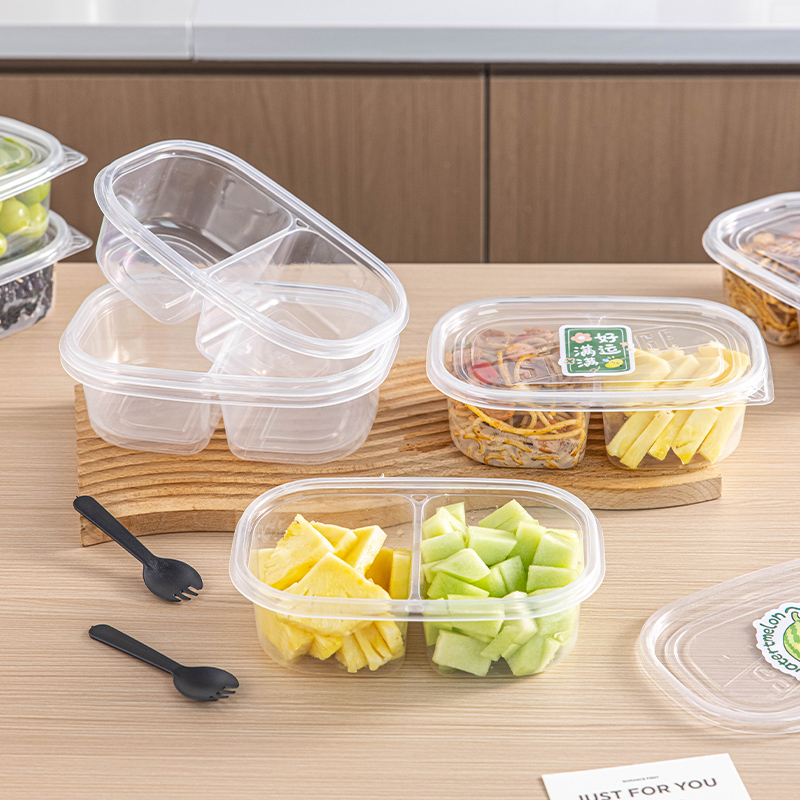 分装双格打包盒食品级家用外卖便当长方形包装盒子透明带盖可加热