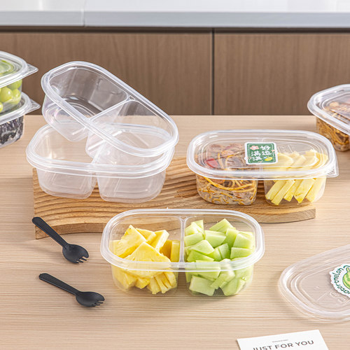 分装双格打包盒食品级家用外卖便当长方形包装盒子透明带盖可加热