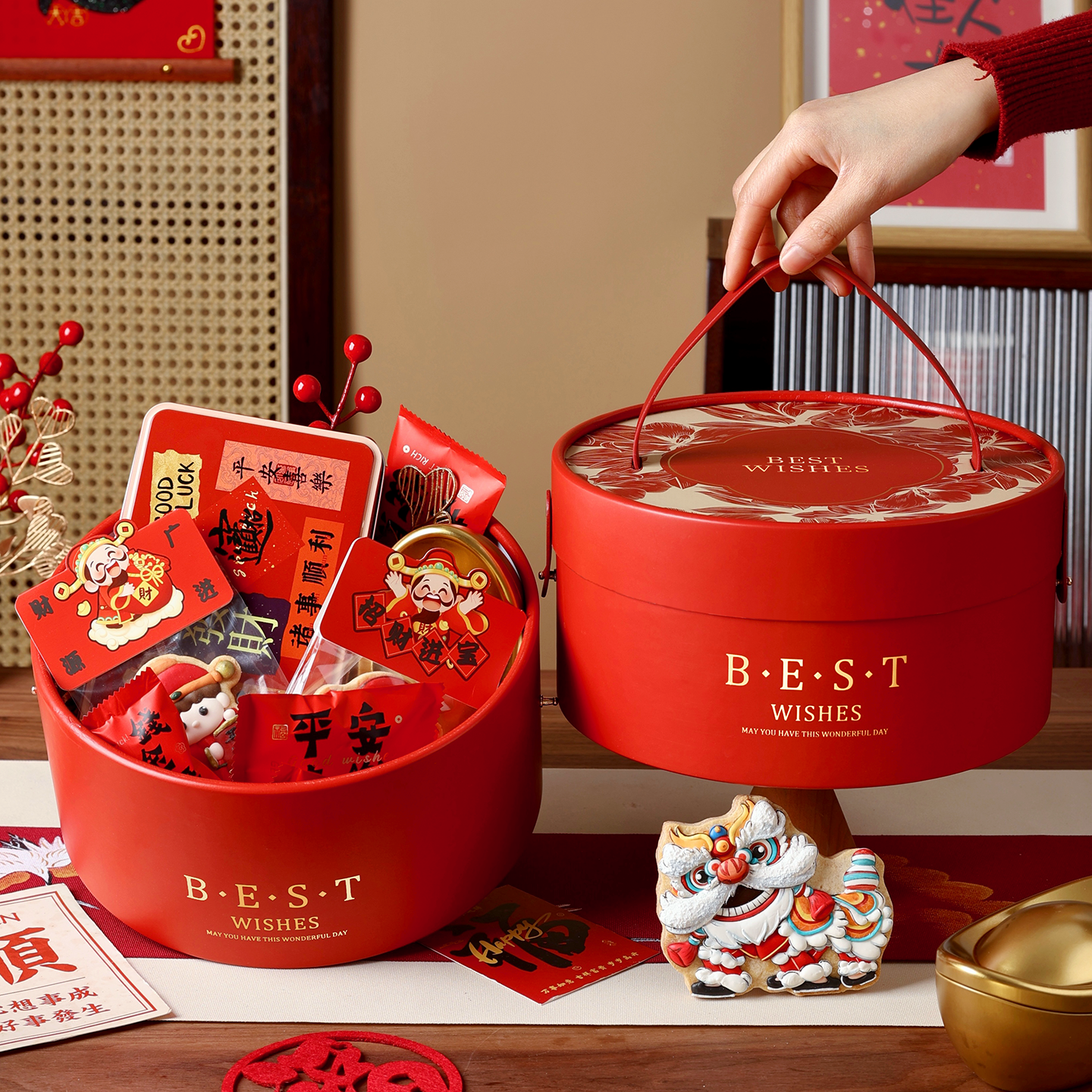 年货礼盒空盒子新春节喜糖伴手物拉菲草2026款烘焙红色高级感档马