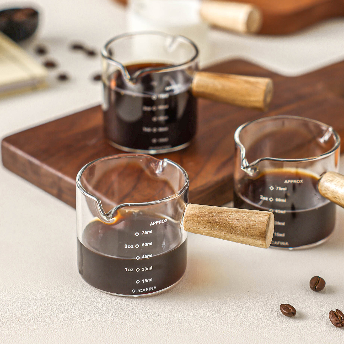日式ins玻璃木柄带刻度小奶盅壶萃取浓缩拿铁意式咖啡器具量杯罐