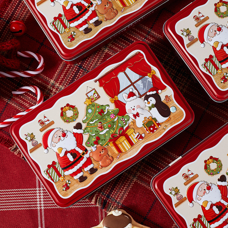 圣诞节曲奇饼干长方形铁盒巧克力糖果牛轧糖包装盒烘焙空罐子新款