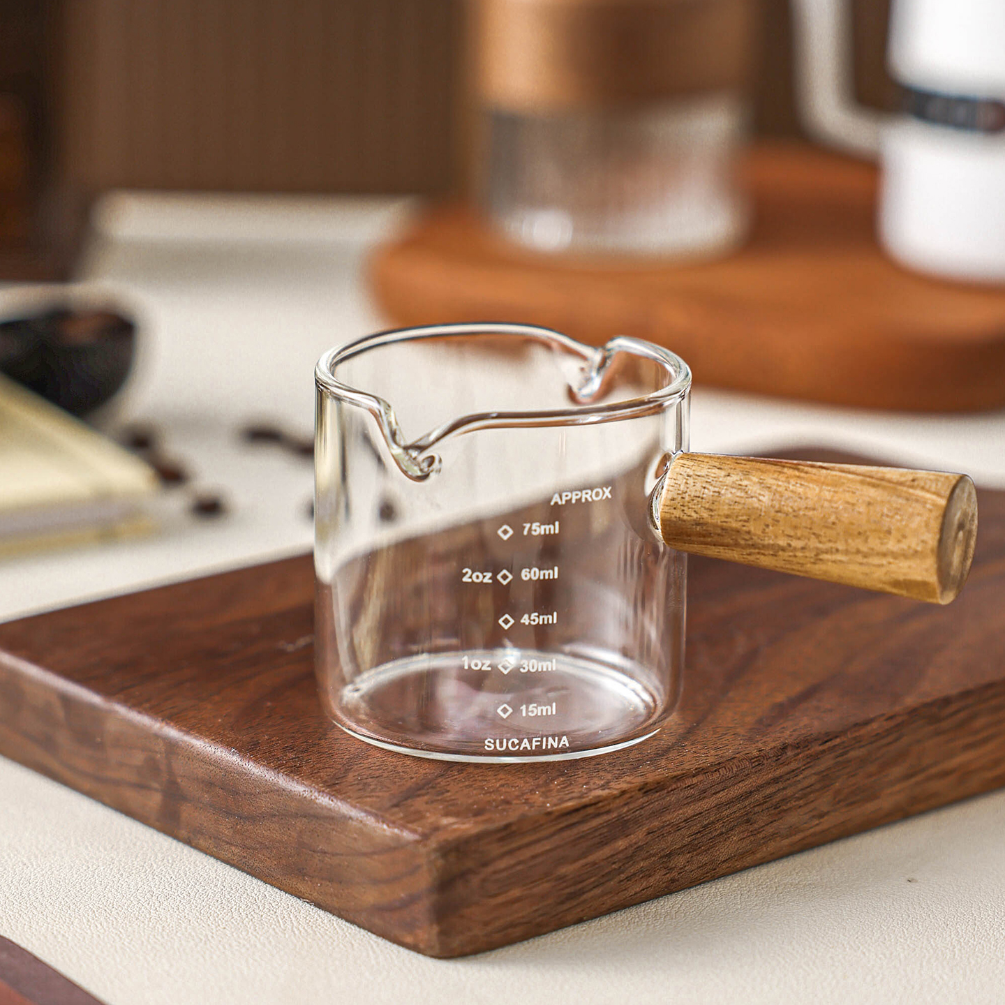 日式ins玻璃木柄带刻度小奶盅壶萃取浓缩拿铁意式咖啡器具量杯罐