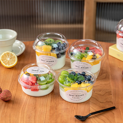 食品级带盖甜品碗透明水果冰粉打包盒圆形双皮奶布丁塑料杯一次性
