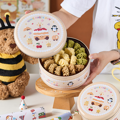 饼干包装盒曲奇圆形马口铁空罐雪花酥牛轧烘焙甜点收纳盒卡通儿童