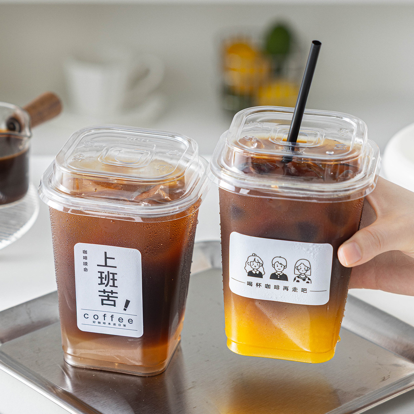 一次性咖啡杯方形带盖奶茶冷饮料透明塑料加厚外出携带pet食品级