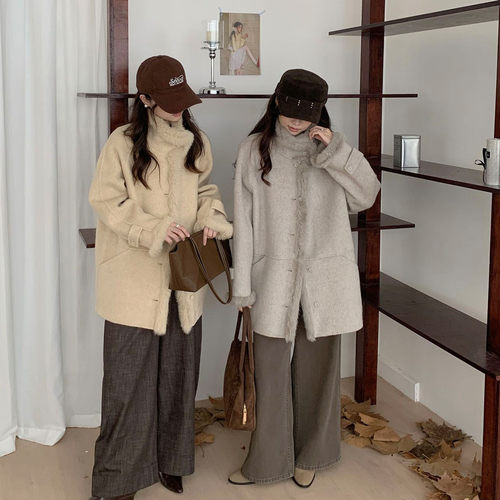 韩系立领双面羊毛中长款大衣女