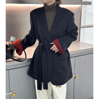 高端简约撞色双面羊绒大衣中长款女韩版气质2025冬季新款羊毛外套