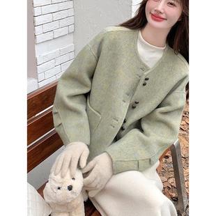 小香风绿色单面呢小个子外套女秋冬短款 气质 呢大衣高级感韩系爆款