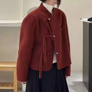 新中式红色双面羊毛外套女短款小个子设计感呢子大衣秋冬纽扣立领