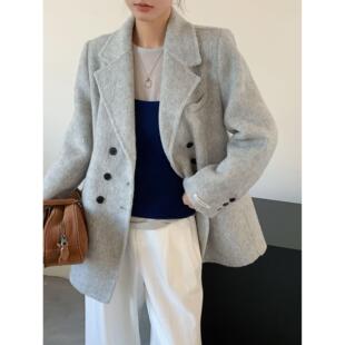 高级感双排扣西装短款羊毛呢外套女双面羊绒大衣赫本风宽松秋冬季