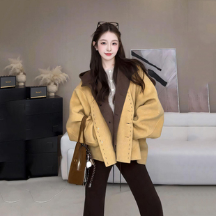 新款女士小个子双面羊绒大衣秋冬季韩版学院风圆领羊毛呢外套短款