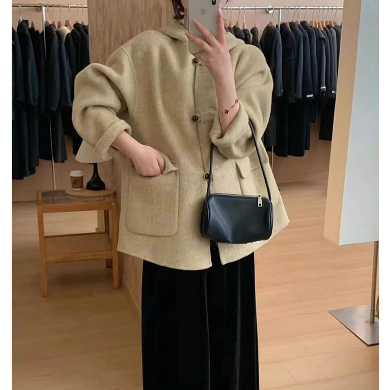 2025秋冬连帽双面羊绒大衣女新款长毛韩版宽松小个子羊毛呢外套