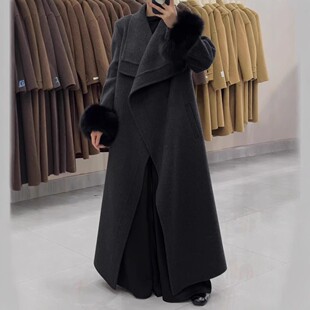 宽松毛呢外套 气质加长款 高级2025韩版 双面毛呢大衣纹边狐狸毛时尚