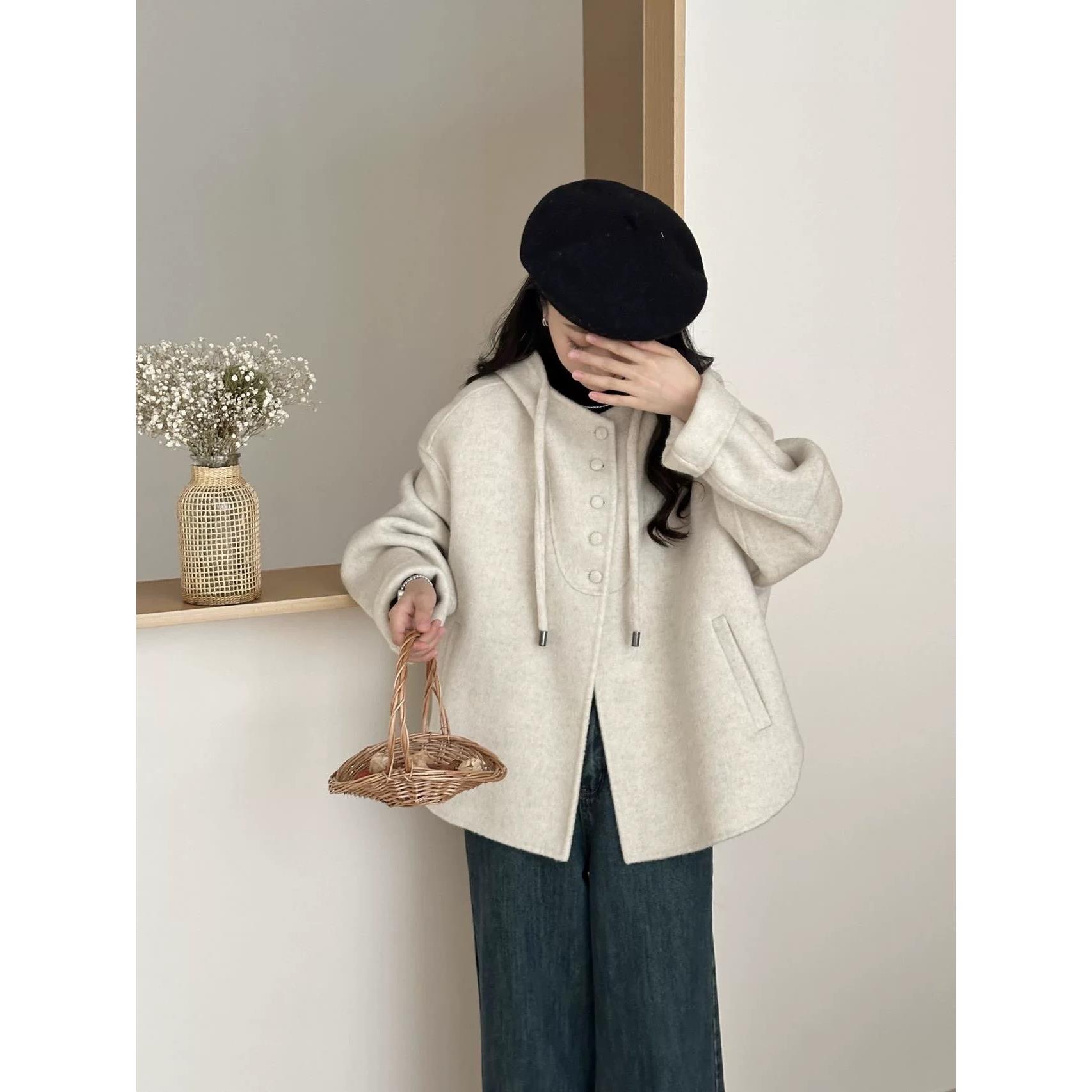 2025秋冬新款双面羊绒大衣女小个子连帽短款宽松韩版外套女上衣