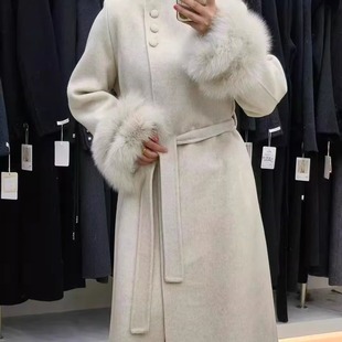 千金风双面羊毛大衣女狐狸毛袖 收腰毛呢外套气质毛呢大衣高级 长款