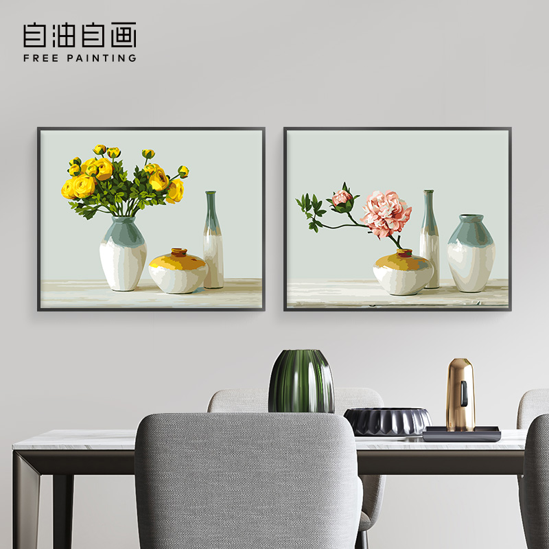 自油自画diy手绘数字油彩壁装饰画客厅餐厅 卧室双拼两联并蒂花开图片